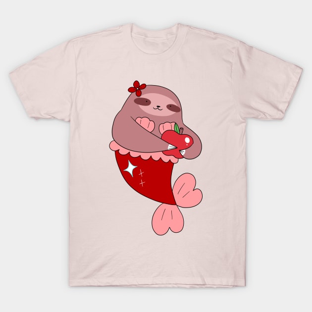 Red Apple Mermaid Sloth T-Shirt by saradaboru